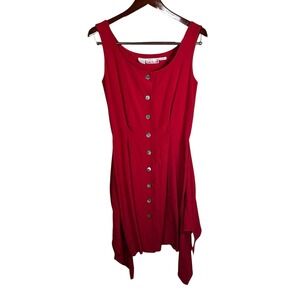 Vintage Anne Klein 100% Silk Dress Red Button Front Midi Womans Size 4 Feminine
